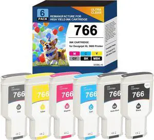 766 Ink Cartridge High Yield P2V89A P2V90A P2V91A P2V92A P2V93A P2V94A Ink Replacement for HP 766 Ink Cartridge 3ED55A for DesignJet XL 3600 Series Printer Ink,MK/BK/GY/C/M/Y 300ml 6-Pack