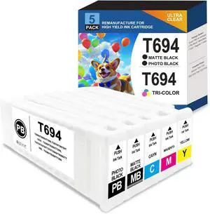 Remanufactured Extra High Yield T694 Ink Cartridge 700ML Combo 5 Pack,T6941 T6942 T6943 T6944 T6945 Ink Compatible with SureColor T3000 T3720 T5000 T5720 T7000 T7270 Printer(PBK/MBK/C/M/Y)