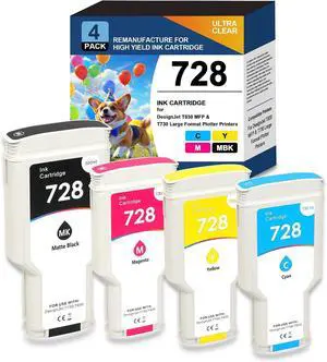 728 Ink Cartridges High Yield 728 Ink Cartridge F9J68A F9K17A F9K16A F9K15A Compatible for HP DesignJet T830 MFP T730 Large Format Plotter Printers,300ml Matte Black,130ml Cyan Magenta Yellow 4 Pack