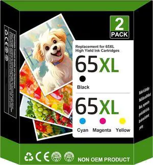 65XL 65 Black/Color Combo Pack | for HP Ink 65 65 XL (2-Pack) | for HP Envy 5055 5052 5010 5014 5000 Series, Deskjet 3755 3720 3752 3772 3700 Series, 2622 2680 2600 Series Printers | T0A36AN