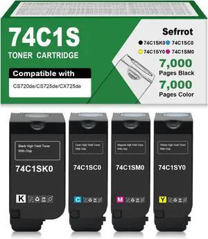 74C1S 7,000 Page High Yield Toner Cartridge(with Chip) Replacement for 74C1SK0 74C1SC0 74C1SM0 74C1SY0 for Lexmark CS720 CS725 CX725 Laser Printers 4-Pack