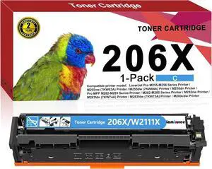 206X Cyan Toner Cartridge 1 Pack Compatible for HP 206X W2111X for Color Pro MFP M283fdw M283cdw Pro M255dw M255 M282 M283 Printer (with Chip)