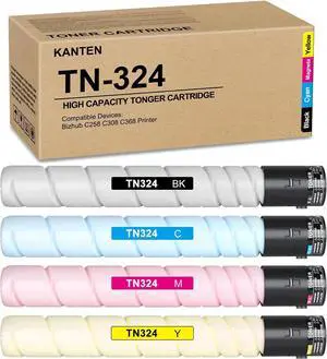 KANTEN TN-324 TN324 Toner Cartridge 4 Pack TN324K TN324C TN324M TN324Y Toner Cartridge Replacement for Konica Minolta Bizhub C258 C308 C368 Printer(Black Cyan Magenta Yellow)