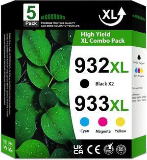 932XL 933 XL Ink Cartridges Combo Pack (5-Pack, 2Black/1Cyan/1Magenta/1Yellow) Replacement for HP 932 XL 933 XL Black and Color Ink Cartridges OfficeJet 6100 6600 6700 7110 7510 7610 7612 Printer