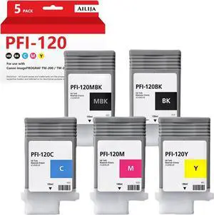 PFI-120 Ink Compatible for imagePROGRAF TM-305 TM-300 TM-200 TM-205 Printer, Replacement PFI120MBK PFI120BK PFI120C PFI120M PFI120Y (130-ml Pigment Ink, 5 Pack)