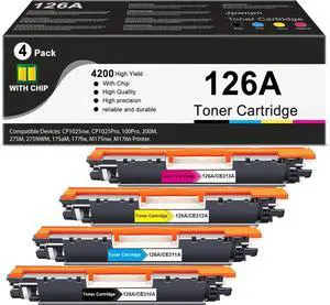 126A CE310A Toner Cartridge high Yield Replacement for HP 126A CE310A CP1025nw CP1025Pro 100Pro 200M 275M 275NWM 175aM 177fw M175nw M176n Printer (4-Pack, Black, Cyan, Yellow, Magenta)