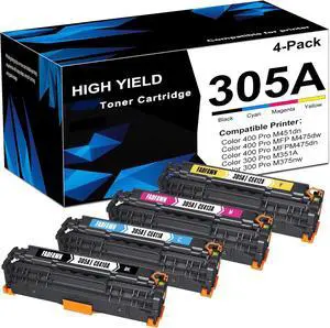 305A Black Cyan Magenta Yellow Toner Printer Cartridges(4-Pack) - Replacement for HP 305A Toner Cartridge Works with Laser Pro 300 M351 MFP M375, Laser Pro 400 M451 MFP M475 Printer Series | CE305AQ1