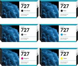 727 Ink Cartridges 300-ml Replacement for HP C1Q12A F9J79A F9J76A F9J77A F9J78A F9J80A Compatible with DesignJet T920 T930 T1500 T1530 T2500 T2530 Printers (6 Pack, PBK MBK G C M Y)