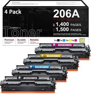 206A Toner Cartridges 4 Pack (with Chip) | Replacement for HP 206A 206X 206 W2110A W2111A W2112A W2113A | Pro M255dw M255nw MFP M282nw M283 M282 M255 Printer