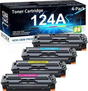 124A Toner Cartridges 4 Pack with Chip Compatible for HP 124A Q6000A Q6001A Q6002A Q6003A Toner use for Color 2600n 1600 2605 1015 1017 Series Printer (Black Cyan Magenta Yellow)