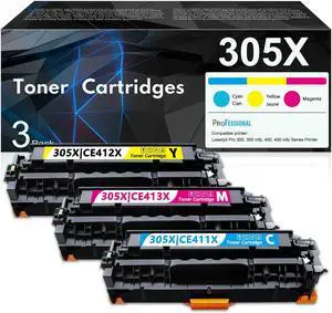 3-Pack 305X Toner Cartridges CE411X Cyan, CE412X Yellow, CE413X Magenta Toner Replacement for HP 305X 305A Toner Cartridge for Pro 300 M351a MFP M375nw Pro 400 M451dn M451nw MFP M475dw Series Printer