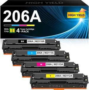 206A M283fdw Toner Cartridges 4 Pack with Chip Replacement for HP 206A 206X Color Laserjet Pro MFP M283fdw M283cdw Pro M255dw M255nw M283 M255 Printer | W2110A W2111A W2112A W2113A