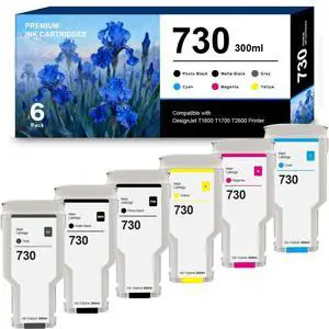 Remanufactured 730 Ink Cartridges Replacement for HP730 HP 730 Ink 300ml P2V68A P2V69A P2V70A P2V71A P2V72A P2V73A Compatible with DesignJet T1600 T1700 T2600 PrintersPBK MBK C M Y G 6-Pack