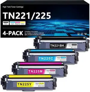 TN221 TN225 Toner Cartridge Set 4-Color Replacement for Brother TN-221 TN-225 Toner Cartridge TN221BK TN225C TN225M TN225Y Works with HL-3140CW 3170CDW 3180CDW MFC-9130CW 9330CDW 9340CDW Printer