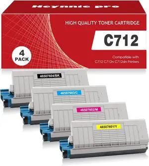 Remanufactured C712 Toner Cartridge Replacement Set for C712 46507604 46507603 46507602 46507601 for C712 C712n C712dn Printers (4 Packs, Black Cyan Magenta Yellow)