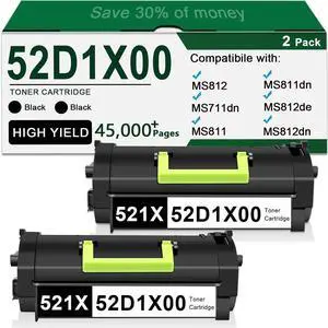52D1X00 Toner Cartridge High Yield Replacement for Lexmark 52D1X00 521X 521H Toner for MS711 MS711dn MS811 MS811N MS811DN MS811DTN MS812 MS812de MS812dn MS812dtn Printer 2-Pack / Black