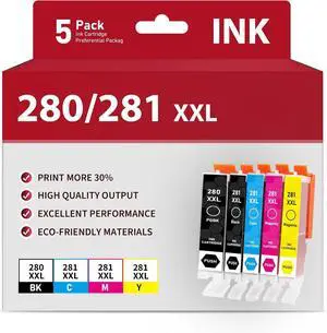 5 Pack 280XXL 281XXL Ink Cartridges Replacement for Canon 280 281 Ink Cartridges PGI-280XXL CLI-281XXL Works with PIXMA TR8520 TR7520 TS9120 TS8120 TS6120 Printer (Black Cyan Magenta Yellow)