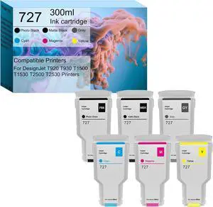 727 Ink Cartridge 300ml Set HP 727 C1Q12A F9J79A F9J76A F9J77A F9J78A F9J80A Replacement HP DesignJet T920 T930 T1530 T1500 T2500 T2530 Printer (6-Pack)