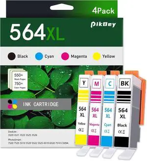 564XL Ink Cartridges Combo Pack (4-Pack, 1Black/1Cyan/1Magenta/1Yellow) Replacement for HP 564 564XL High Yield Ink for PhotoSmart 7520 7525 5520 6520 6510 C309G DeskJet 3520 3522 Printer