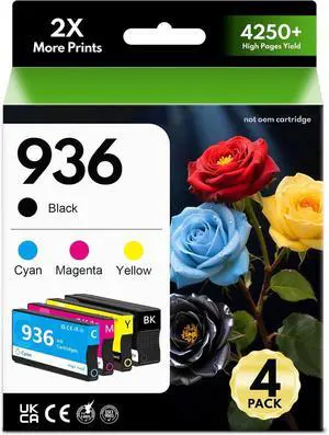 936 936e High Yield Ink Cartridges Combo Pack (4-Pack, Black, Cyan, Magenta, Yellow) | Compatible with HP OfficeJet Pro 9110 9120 9122 9125 9128 9130 9135 9730 Series Printers