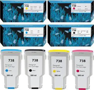 738 Ink Cartridge 300ml Compatible for DesignJet T850 T950 Printer Replacement for HP 738 Ink Cartridge 498N8A 676M6A 676M7A 676M8A 4-Pack (Black Cyan Magenta Yellow)