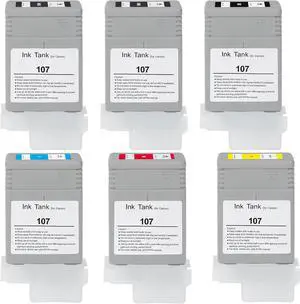 PFI-107 130ml Ink Tank Set Replacement for Canon PFI107 Ink Tank, Compatible with Canon iPF670/680/685/780/785, Set of 6 Inks (2*Matte Black, Black, Cyan, Magenta, Yellow)