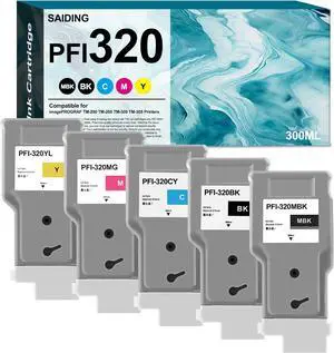 PFI-320 Ink PFI320 PFI 320 Ink Cartridge PFI-320MBK PFI-320BK PFI-320C PFI-320M PFI-320Y Ink Cartridges Compatible for Canon imagePROGRAF TM-200 TM-205 TM-300 TM-305 Printer(5-Pack)