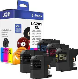 LC201 (LC-201) Color (BK/C/M/Y) Ink Cartridge 5-Pack (Includes 2 LC201BK, 1 LC201C, 1 LC201M,1 LC201Y) - LC203 Ink Cartridge Replacement for Brother MFC-J460DW MFC-J480DW MFC-J485DW MFC-J880DW Printer