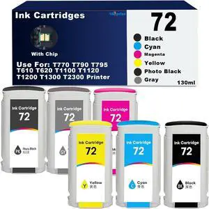 72 Ink Cartridges Replacement for HP 72 Ink Cartridges Use for DesignJet T770 T790 T795 T610 T620 T1100 T1120 T1200 T1300 T2300 Printer Ink (130-ml 6-Pack)