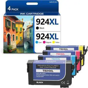 MEZOO Remanufactured 924 924XL T924 T924XL Ink Cartridge High Yeild Compatible for Workforce Pro WF-C4310 WF-C4810 Printer (4 Pack,Black Cyan Magenta Yellow)