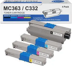 C332/MC363 Toner Cartridges 4 Pack(BK/C/M/Y): 46508704 46508703 46508702 46508701 Toner Cartridge Replacement for OKI C332 C332dn MC363 MC363dn Printer
