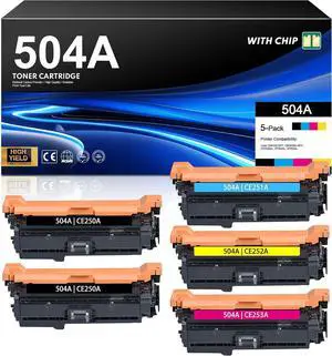 504A Toner Cartridge 5 Pack (with Chip) Replacement for HP 504A Color CM3530, CP3525 Series | CE250A CE251A CE252A CE253A Toner