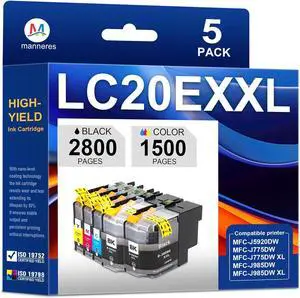 LC20EXXL Ink Cartridge High Yield Replacement for Brother LC20E XXL LC20EXXL Ink Cartridges for MFC-J5920DW MFC-J775DW MFC-J775DWXL MFC-J985DW MFC-J985DWXL Printer(5Pack,2BK/1C/1Y/1M)