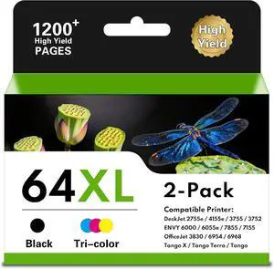 64XL Ink Cartridges Black Color Combo Pack for HP 64 64XL Ink High Yield Replacement for Envy Photo 7855 7858 6252 6255 7800 7100 7155 7158 Tango Series Printer (2-Pack, 1Black, 1Tri-Color)