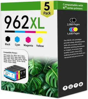 962 XL Ink Cartridges Replacement for 962 962XL Combo Pack(5 Pack, 2Black/Cyan/Magenta/Yellow) Compatible for HP OfficeJet Pro 9010 9014 9015 9018 9019 9020 9022 9025 9026 Printer