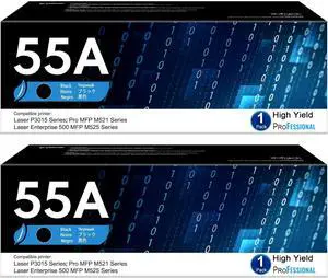 CE255A 55A Black Toner Cartridge with Chip 2-Pack, 55A Toner Cartridge Replacement for HP 55A Toner 55X CE255X for Enterprise 500 MFP M525 Series, Enterprise P3015 Series, Pro MFP M521 Series Printer