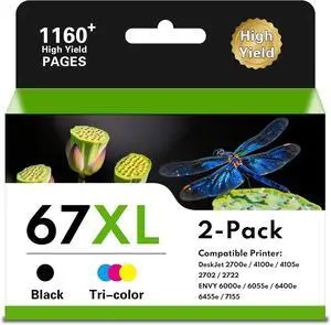 67XL Ink Cartridges Black Color Combo Pack for 67 67XL Ink High Yield Replacement for HP DeskJet 2827e 2755e 2700 2855e 2842e 2800 4155e 2755 2852e Envy 6055e 6000 6455e (2-Pack, 1Black, 1Tri-Color)