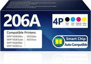4-Pack 206A Toner Cartridges Set (with Chip) Replacement for HP206A 206A 206X Compatible with Color Pro MFP M283fdw M283cdw M283fdn M282nw Pro M255dw M255nw Printer High Yiled Ink W2110A (BK/C/Y/M)