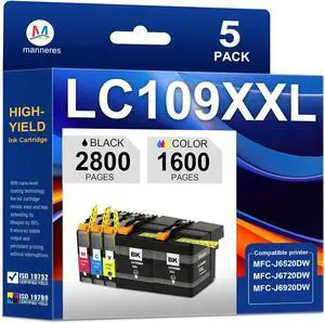 LC109XXL Super High Yield Ink Cartridges Replacement for Brother LC109 LC105 XXL LC109BK LC105C LC105M LC105Y for MFC-J6520DW MFC-J6720DW MFC-J6920DW Printer (5-Pack, 2BK/1C/1M/1Y)