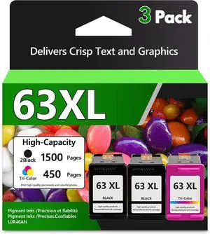 63XL Ink Cartridges Combo Pack (2Black+1Tir-Color) Replacement for HP Ink 63 XL Work for OfficeJet 3830 4650 5255 5258 5200; Envy 4520 4512 4510; DeskJet 1112 2130 3630 (3 Pack)