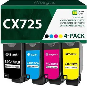 Compatible CX725 Toner Cartridge 74C1SK0 74C1SC0 74C1SM0 74C1SY0 Replacement for Lexmark CX725 CS720 Toner with 4-Pack for CX725 CX725de CX725dte CS720 CS720de CS720dte CS725 CS725de CS725dte Printer