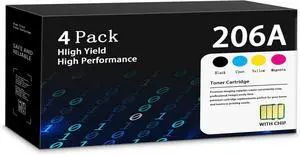206A Toner Cartridge with Chip M283cdw M283fdw Replacement for 206A Toner Cartridges 4 Pack Color MFP M283fdw M283cdw M283 Pro M255dw M255 Printer Ink (Black Cyan Yellow Magenta) 206A|W2110A