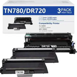 TN780 High Yield Toner Cartridge and DR720 Drum Unit Replacement for Brother DR-720 TN-780 to use with HL-6180DW HL-6180DWT MFC-8950DW MFC-8950DWT Printer (2 Toners, 1 Drum Unit, 3-Pack)