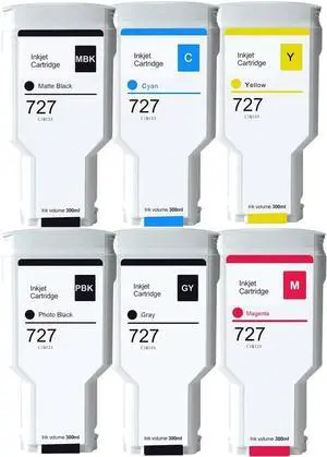 Compatible for HP 727 Ink Cartridges 6 Pack 300ml Replacement for HP 727 C1Q12A F9J79A F9J76A F9J77A F9J78A F9J80A Dye Ink Cartridges for hp designjet t920 Printers T930 T1500 T1530 T2500 T2530