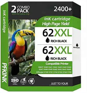 62XXL Ink Cartridges Replacement for HP Ink 62, 62xl Black Ink cartridges Compatible with Envy 5540 7640 5640 5660 7644 7645 7643 OfficeJet 5740 8040 5745 (2Black)