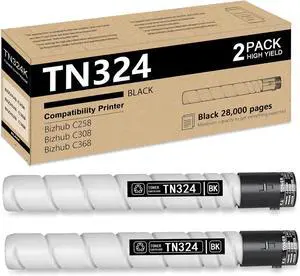 TN324 TN324BK Toner Cartridge 2-Pack Replacement for Konica Minolta TN324K (A8DA130) Toner to use with Bizhub C258 C308 C368 Printer, up to 28,000 Pages
