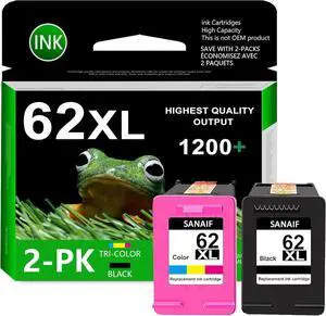 62XL Ink Cartridge High-Yield Pages (2-pk) Compatible with HP 62XL Works with OfficeJet 5740 5741 5742 Envy 5540 5541 5542 OfficeJet Mobile 200 (Black and Tri-Color Cartridges Kit)