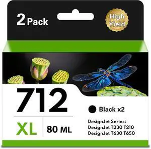 712XL Black 80-ml Ink Cartridges High Yield (2-Pack) - Compatible with DesignJet T210 T230 T650 T630 T250 Studio Printers