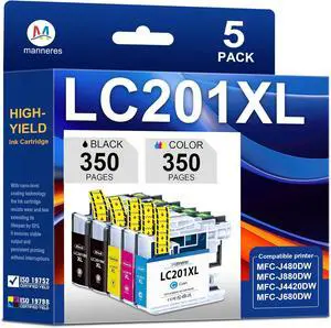 LC201XL Ink Cartridges Replacement for Brother LC201 XL LC201 to use with MFC-J480DW MFC-J880DW MFC-J4420DW MFC-J680DW MFC-J885DW (2Black 1Cyan 1Magenta 1Yellow, 5 Pack)