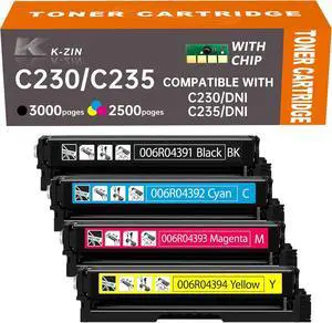 K-ZIN C230/C235/C225 High-Yield Toner Cartridges 4-Pack (Black/Cyan/Magenta/Yellow) Compatible with Xerox C230DNI/C235DNI Printers - Replacement for 006R04383-006R04386 with Smart Chip